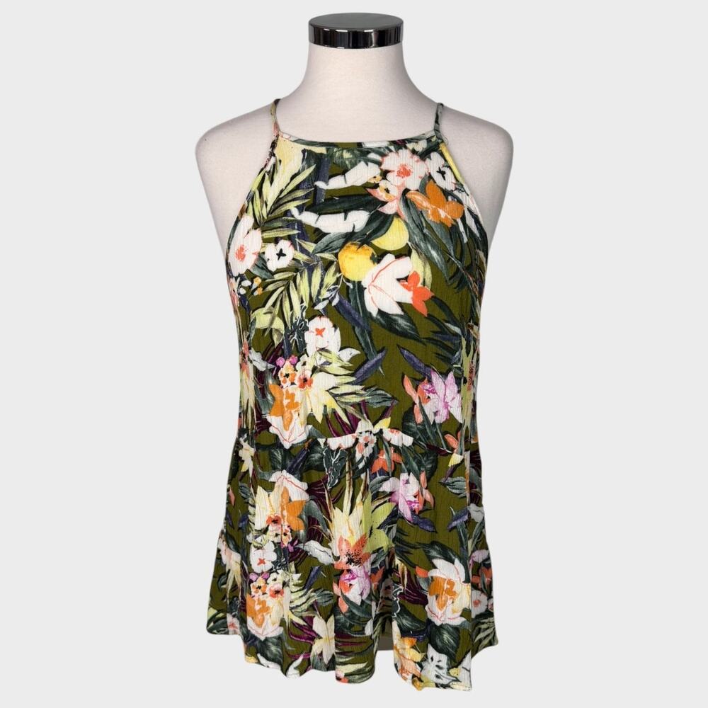 Falls Creek Medium Green Tropical Floral Top 100% Rayon